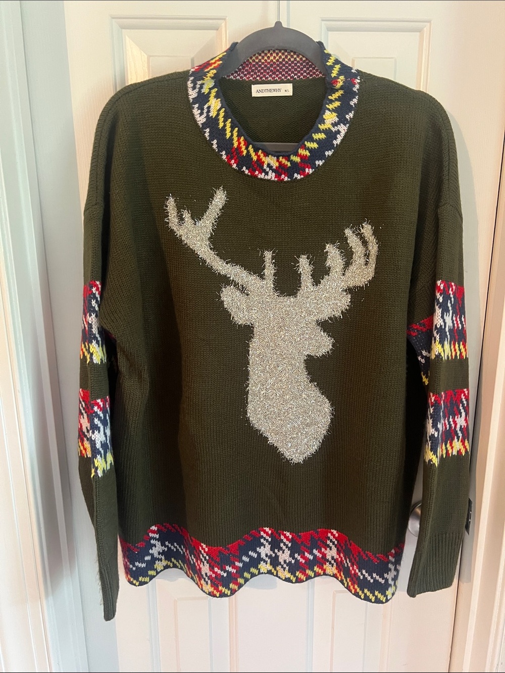 Olive Green Crewneck Sweater with Sparkle Reindeer